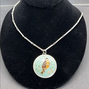 Vintage 1977 Sarah Cov cloisonné enamel bird necklace
